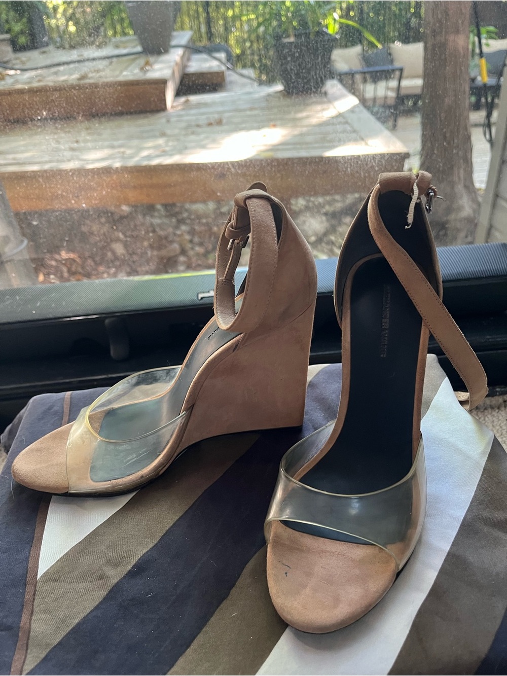 Alexander Wang Tan Suede Wedge Sandals with Clear Toe Strap